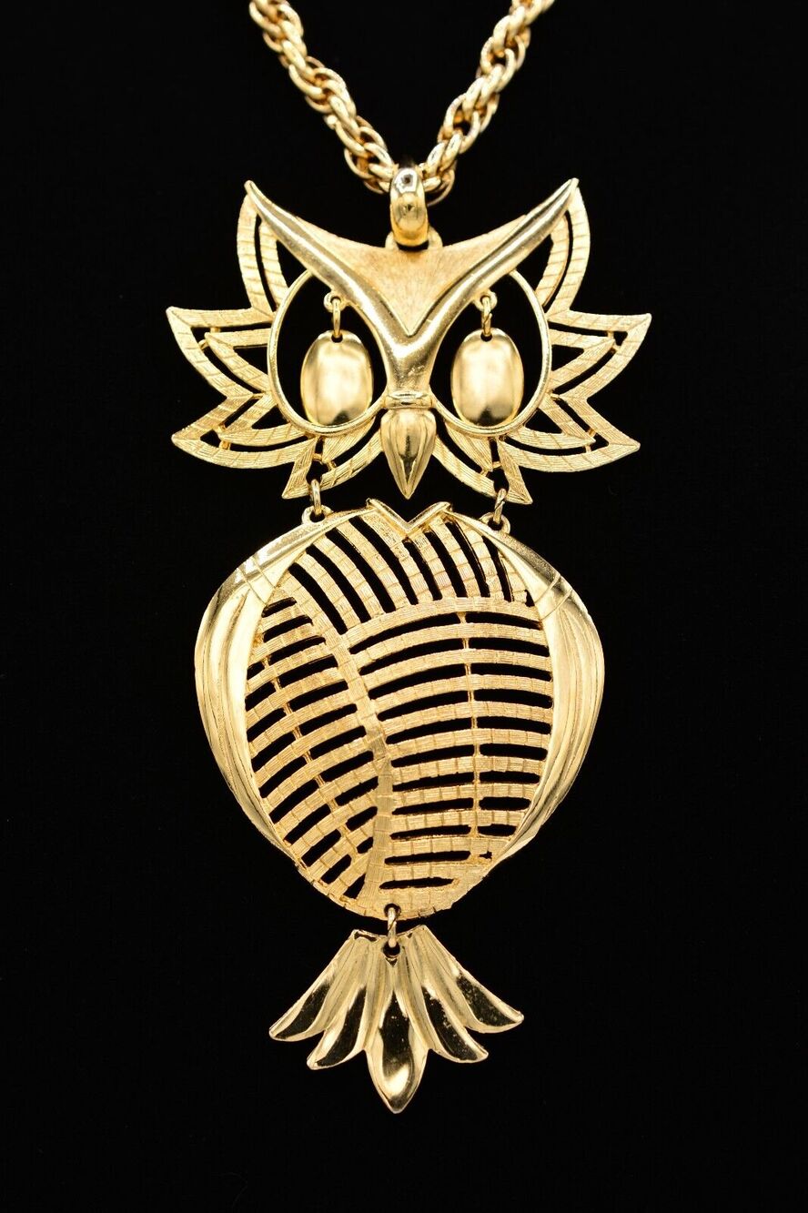 ALAN Vintage Owl Pendant Necklace Brushed Gold Signed Chunky Rope Chain 9J